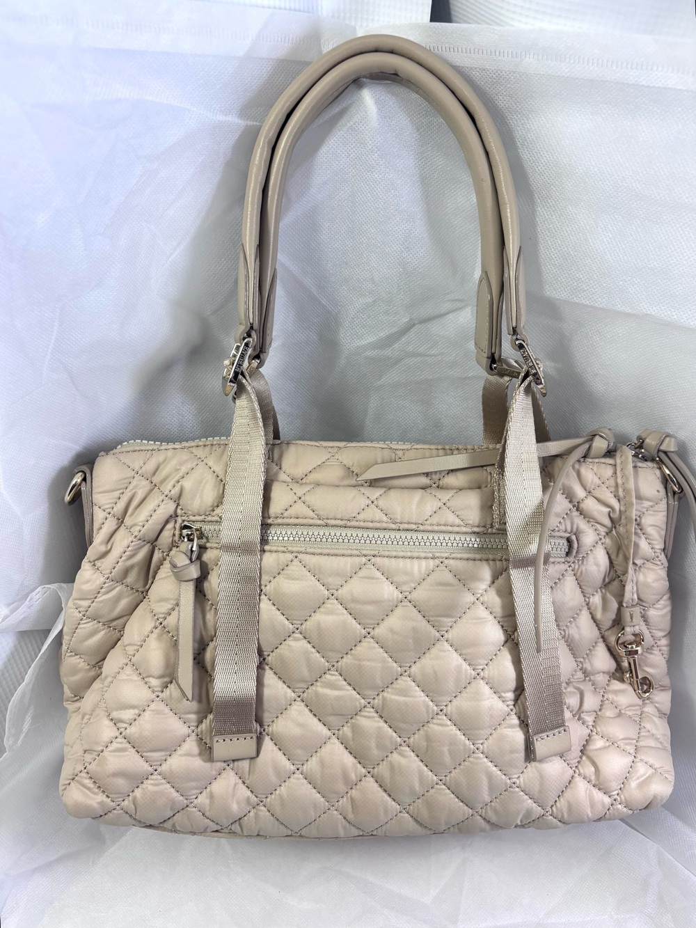 MZ Wallace Park Quilted Leather Satchel. Buff/Gold.